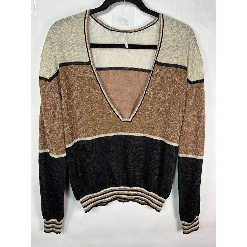 Free People Gold‎ Dust Pullover Boho Sweater Sz L ColorBlock Shimmer Deep VNeck
